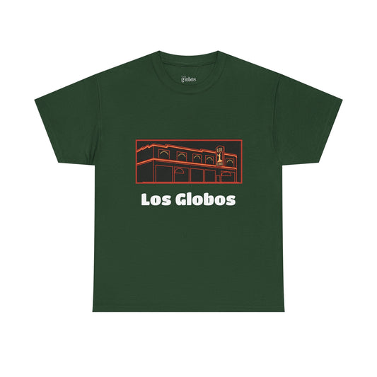 Los Globos Building T‑Shirt — Retro Neon Landmark Tee