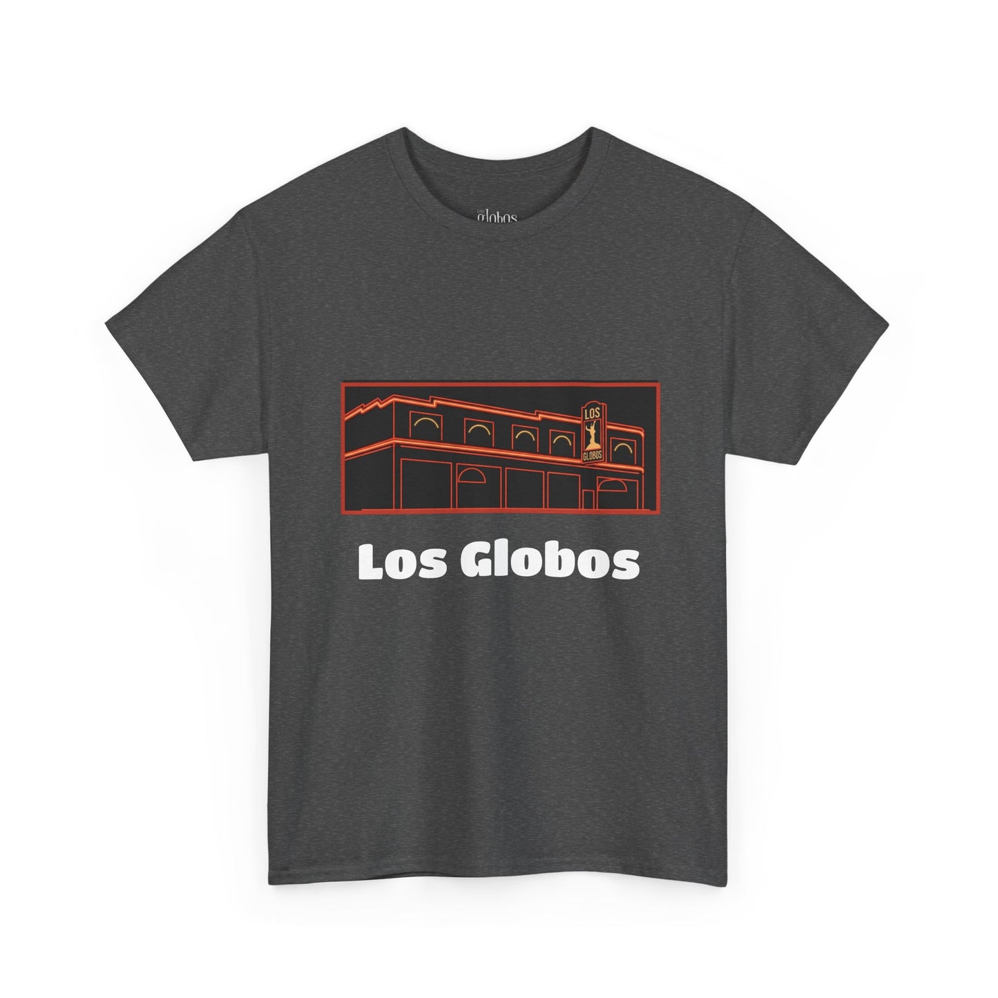 Los Globos Building T‑Shirt — Retro Neon Landmark Tee